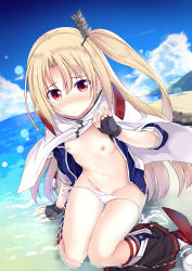 Rule 34 | 1girl, american flag legwear, arm support, azur lane, beach, black gloves, black skirt, blonde hair, blue sky, blue socks, blush, bow, bow panties, breasts, capelet, cleveland (azur lane), closed mouth, cloud, commentary request, contrail, day, fingerless gloves, fisheye, gloves, hair between eyes, highres, hitsujibane shinobu, horizon, kneehighs, lifting own clothes, long hair, looking at viewer, navel, nipples, nose blush, ocean, one side up, outdoors, panties, panty pull, parted bangs, red eyes, shallow water, side-tie panties, skirt, skirt around one leg, sky, small breasts, socks, solo, thighs, underwear, very long hair, water, white panties, white socks