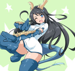 Rule 34 | + +, 1girl, ;d, black hair, blue eyes, blue footwear, blue gloves, blue thighhighs, blush, boots, breasts, chinese clothes, dragon girl, dragon tail, elbow gloves, fang, fighting stance, fins, gloves, green background, head fins, horns, karin (p&amp;d), leg up, long hair, looking at viewer, momio, one eye closed, open mouth, panties, pantyshot, puzzle &amp; dragons, smile, solo, standing, star (symbol), tail, thigh boots, thighhighs, underwear, very long hair, white panties, wide hips