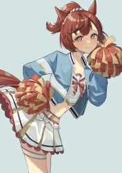 Rule 34 | 1girl, absurdres, animal ears, belt, blush, brown hair, closed mouth, crop top, cropped jacket, feet out of frame, green background, grey eyes, highres, holding, holding pom poms, horse ears, horse girl, horse tail, isana615, jacket, long sleeves, looking at viewer, looking to the side, midriff, multicolored hair, nice nature (run&amp;win) (umamusume), nice nature (umamusume), open clothes, open jacket, pom pom (cheerleading), pom poms, ponytail, sailor collar, short hair, simple background, solo, streaked hair, tail, thigh strap, umamusume