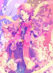 Rule 34 | 10s, 1boy, alternate hair color, curtains, flower, kashuu kiyomitsu, male focus, mole, mole under mouth, open mouth, personification, petals, ponytail, red eyes, red hair, rose, scarf, smile, solo, thorns, touken ranbu, zippo (3756c)