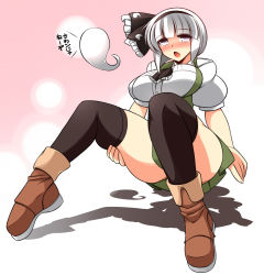 Rule 34 | 1girl, :o, ankle boots, black thighhighs, blush, bob cut, boots, breasts, convenient leg, curvy, female focus, hair ribbon, hairband, hand on own thigh, highres, hitodama, konpaku youmu, konpaku youmu (ghost), large breasts, legs, looking at viewer, open mouth, ribbon, short hair, sitting, solo, thick thighs, thighhighs, thighs, touhou, ueda katsuhito, white hair