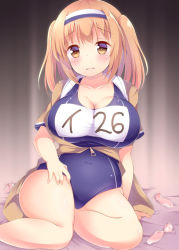 Rule 34 | 10s, breasts, brown eyes, commentary request, condom, covered navel, frown, hairband, i-26 (kancolle), kantai collection, large breasts, light brown hair, long hair, new school swimsuit, one-piece swimsuit, plump, ponpon (tosico), sailor collar, sandals, school swimsuit, short sleeves, solo, swimsuit, tearing up, two-tone hairband, two side up, used condom