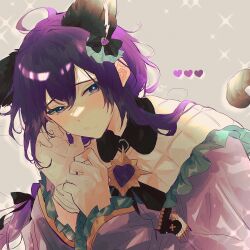 Rule 34 | 1boy, androgynous, animal ears, ayase mayoi, blouse, cat boy, cat ears, cat tail, coco fa, ensemble stars!, gloves, grey background, heart, highres, long hair, long sleeves, looking at viewer, male focus, mole, mole under mouth, purple eyes, purple hair, purple shirt, shirt, solo, sparkle, tail, white gloves