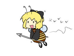 Rule 34 | 1girl, :d, antennae, arthropod girl, bee, bee girl, blonde hair, bug, chibi, female focus, flying, happy, insect, insect girl, insect wings, kurodani yamame, monster girl, open mouth, polearm, pon (0737), short hair, simple background, smile, solo, spear, stinger, touhou, weapon, white background, wings