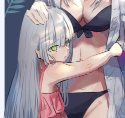 Rule 34 | 2girls, aged down, bad id, bad twitter id, bare arms, bikini, black bikini, blue background, blunt bangs, border, breasts, cleavage, closed mouth, commentary request, cross hair ornament, dress, facial mark, facial tattoo, fern, floral background, girls&#039; frontline, green eyes, hair ornament, hand on head, hani haya, headpat, hk416 (girls&#039; frontline), hug, large breasts, looking at viewer, midriff, multiple girls, navel, pink dress, see-through, shy, sidelocks, silver hair, sketch, swimsuit, tattoo, teardrop, teardrop tattoo, unfinished, white border