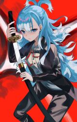 Rule 34 | 1girl, alternate costume, black jacket, black pants, blue eyes, blue hair, closed mouth, commentary, dress shirt, english commentary, feet out of frame, hair between eyes, hands up, highres, holding, holding sword, holding weapon, hololive, hololive indonesia, jacket, katana, kobo kanaeru, long hair, long sleeves, looking at viewer, nimiru namire, open clothes, open jacket, pants, red background, sheath, shirt, simple background, solo, standing, sword, unsheathing, very long hair, virtual youtuber, wavy hair, weapon, white shirt