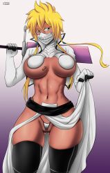 Rule 34 | 1girl, abs, alternate eye color, black thighhighs, bleach, blonde hair, blue eyes, breast tattoo, breasts, breasts apart, colored eyelashes, dark-skinned female, dark skin, female focus, gluteal fold, highleg, highleg panties, highres, holding, holding sword, holding weapon, large breasts, long hair, navel, number tattoo, panties, sheath, sheathed, skindentation, solo, stomach, sword, tattoo, thick thighs, thighhighs, thighs, tier harribel, underwear, weapon