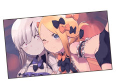 Rule 34 | 2girls, abigail williams (fate), black bow, blonde hair, blue eyes, blush, bow, breasts, cheek-to-cheek, daisi gi, fate/grand order, fate (series), forehead, hair bow, heads together, highres, horns, lavinia whateley (fate), long hair, looking at viewer, multiple girls, multiple hair bows, one eye closed, orange bow, pale skin, parted bangs, photo (object), purple eyes, selfie, sidelocks, single horn, small breasts, smile, white hair