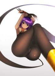 Rule 34 | 1girl, akai akato, armpits, arms up, ass, bad id, bad pixiv id, bandaged leg, bandages, bare shoulders, between fingers, breasts, brown gloves, brown pantyhose, center opening, cowboy shot, dark-skinned female, dark skin, elbow gloves, fate/prototype, fate/prototype: fragments of blue and silver, fate (series), fingerless gloves, from below, gloves, halterneck, hassan of serenity (fate), highres, holding, holding weapon, kunai, legs together, leotard, looking at viewer, medium breasts, midair, open mouth, pantyhose, purple eyes, purple hair, short hair with long locks, sideboob, sidelocks, simple background, skin tight, solo, turtleneck, weapon, white background