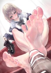 1girl absurdres barefoot blue_eyes blush boots feet highres looking_at_viewer male_masturbation masturbation medium_hair multicolored_hair npon515 parted_lips pov shoes soles steam sweat toes two-tone_hair unworn_boots unworn_shoes