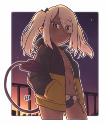 Rule 34 | 1girl, black jacket, black panties, blush, bow, bow panties, breasts, brown eyes, closed mouth, collarbone, commentary request, cowboy shot, cropped legs, demon tail, eyes visible through hair, hair over one eye, hands in pockets, jacket, light brown hair, long sleeves, looking at viewer, mawaru (mawaru), navel, no bra, no shoes, open clothes, open jacket, original, panties, puffy long sleeves, puffy sleeves, railing, small breasts, smile, solo, tail, twintails, underwear