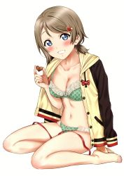 Rule 34 | 1girl, absurdres, alternate hairstyle, aqua bra, aqua panties, arm support, barefoot, blue eyes, blush, bra, breasts, brown hair, chocolate, cleavage, full body, grin, hair ornament, heart, heart hair ornament, highres, hood, hooded jacket, hoodie, jacket, jacket on shoulders, love live!, love live! sunshine!!, medium breasts, navel, open clothes, open hoodie, panties, polka dot, polka dot bra, polka dot panties, sankuro (agoitei), scan, short hair, short ponytail, simple background, sitting, smile, solo, stomach, thighs, underwear, watanabe you, white background, yokozuwari