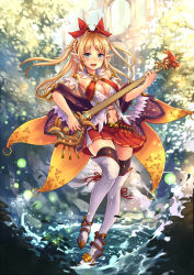 Rule 34 | 1girl, :d, antenna hair, black thighhighs, blonde hair, blue eyes, breasts, cleavage, hair ornament, hair ribbon, highres, holding, instrument, ks (xephyrks), long hair, looking at viewer, music, navel, open mouth, original, playing instrument, pleated skirt, pointy ears, ribbon, skirt, smile, solo, thighhighs, zettai ryouiki