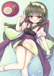 Rule 34 | 1girl, :d, absurdres, bad id, bad pixiv id, blush, bow, brown eyes, commentary request, cup, feet out of frame, food, green hair, green hairband, hair between eyes, hairband, hand up, highres, japanese clothes, kimono, knees together feet apart, long hair, looking at viewer, lying, muneate, on back, open mouth, plate, purple bow, short kimono, short sleeves, smile, socks, solo, tasuki, tea, touhoku zunko, tray, very long hair, voiceroid, waste (arkaura), white kimono, white socks, yunomi