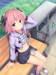 Rule 34 | 1boy, absurdres, astolfo (fate), astolfo (memories at trifas) (fate), bench, black bow, black skirt, blue eyes, blue footwear, blue jacket, blush, bow, braid, bubble tea, collarbone, commentary request, day, fate/grand order, fate (series), from above, hair bow, hair intakes, hair ornament, hair ribbon, highres, jacket, li xuejun, long braid, long hair, looking at viewer, male focus, multicolored hair, navel, official alternate costume, outdoors, pink hair, pleated skirt, purple shirt, ribbon, shirt, shoes, single braid, skirt, smile, solo, streaked hair, striped clothes, striped shirt, trap, trash can, white shirt