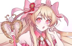 Rule 34 | 1girl, :o, anmin, blonde hair, blush, chaos marie (grimms notes), close-up, grimms notes, hair ribbon, heart, heart-shaped pupils, holding, holding wand, holding weapon, jewelry, long hair, necklace, open mouth, pendant, pink eyes, puffy short sleeves, puffy sleeves, ribbon, short sleeves, solo, symbol-shaped pupils, wand, weapon, white background