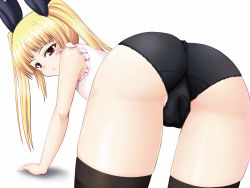 Rule 34 | 1girl, all fours, arc system works, ass, black panties, black thighhighs, blazblue, blonde hair, blush, flat chest, from behind, hair ribbon, long hair, naoki (endofcentury102), panties, pussy juice, pussy juice stain, rachel alucard, red eyes, ribbon, solo, thighhighs, twintails, underwear, wet, wet clothes, wet panties
