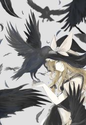Rule 34 | 1girl, animal, animal on hand, bird, black ribbon, black skirt, blonde hair, bow, closed mouth, commentary request, cowboy shot, crow, feathers, from side, green eyes, grey background, hair ribbon, hat, hat bow, highres, kirisame marisa, long hair, looking at viewer, necro (nekurodayo), pale skin, ribbon, shirt, short sleeves, skirt, skirt set, smile, solo, touhou, wavy hair, white bow, white shirt, witch hat