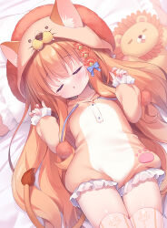 Rule 34 | 1girl, :o, animal costume, animal ears, bed sheet, blue bow, blush, bow, brown hair, closed eyes, collarbone, commentary request, drawstring, ears through headwear, facing viewer, flower, frills, hair bow, hair flower, hair ornament, hands up, hood, hood up, lion costume, lion ears, lion girl, lion hood, lion tail, long hair, long sleeves, lying, on back, onesie, parted lips, pillow, pom pom (clothes), puffy long sleeves, puffy sleeves, red flower, sleeping, sleeves past wrists, solo, stuffed animal, stuffed lion, stuffed toy, tail, thighhighs, usashiro mani, very long hair, white thighhighs