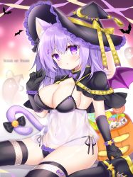 Rule 34 | 1girl, animal ears, bat (animal), belt, black capelet, black footwear, black gloves, black hat, black panties, black thighhighs, bow, breasts, candy, candy wrapper, capelet, cat ears, cat girl, cat tail, cleavage, commentary request, covered navel, elbow gloves, food, frilled hat, frilled panties, frills, ghost, gloves, groin, hair ornament, halloween, halloween bucket, hand up, hat, highres, large breasts, lifting own clothes, lollipop, mini wings, navel, original, panties, parted lips, purple bow, purple eyes, purple hair, purple wings, see-through, shikito (yawa0w0), shoes, side-tie panties, sitting, solo, star (symbol), star hair ornament, strap lift, swirl lollipop, tail, thighhighs, trick or treat, underwear, wings, witch hat, yellow belt