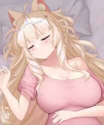 Rule 34 | 1girl, absurdres, ahoge, ainya (vtuber), animal ear fluff, animal ears, blonde hair, blush, breasts, cat ears, cat girl, cleavage, closed eyes, closed mouth, commentary, dated, english commentary, hair ornament, highres, indie virtual youtuber, large breasts, long hair, lying, mole, mole under eye, multiple moles, natch imaycz, on back, on bed, pillow, short sleeves, signature, sleeping, smile, solo, upper body, virtual youtuber