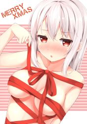 Rule 34 | 1girl, bare shoulders, blush, breasts, collarbone, dutch angle, full-face blush, hair between eyes, highres, jitome, karutamo, large breasts, looking at viewer, merry christmas, naked ribbon, nose blush, open mouth, original, ribbon, silver hair, solo, striped, striped background, tisshu (karutamo), upper body