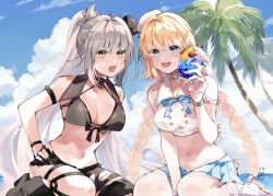 Rule 34 | 2girls, absurdres, ahoge, alternate costume, alternate hairstyle, anchor choker, asymmetrical clothes, bare shoulders, bikini, bikini top only, black bikini, black headwear, black nails, black shorts, blonde hair, blue eyes, blue ribbon, blue skirt, blue sky, braid, breasts, buttons, choker, cleavage, cloud, collarbone, commentary request, day, drink, fate/grand order, fate (series), grey hair, hair between eyes, hand on own hip, hat, highres, holding, holding drink, jeanne d&#039;arc (fate), jeanne d&#039;arc (mystery treasure) (fate), jeanne d&#039;arc alter (fate), jeanne d&#039;arc alter (mystery treasure) (fate), long hair, looking at viewer, medium breasts, midriff, mini hat, miniskirt, misaki346, multiple girls, nail polish, navel, neck ribbon, official alternate costume, official alternate hairstyle, open mouth, outdoors, palm tree, pants, pleated skirt, ponytail, ribbon, sailor collar, sailor hat, short shorts, shorts, signature, single pantsleg, sitting, skirt, sky, sleeveless, smile, split ponytail, stomach, sunlight, swimsuit, thighs, torn clothes, torn pants, tree, twin braids, very long hair, wariza, white headwear, white legwear, yellow eyes