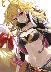 Rule 34 | 1girl, absurdres, ahoge, bandeau, black choker, black gloves, blonde hair, bow, breasts, chinese commentary, choker, commentary request, cropped jacket, earrings, gloves, groin, highres, huge filesize, jacket, jewelry, kai-ri-sei million arthur, long hair, looking at viewer, medium breasts, midriff, million arthur (series), navel, open clothes, open jacket, red bow, red eyes, ruosin (heng02201), simple background, smile, solo, stomach, touzoku arthur, upper body, w, white background