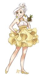 Rule 34 | 1girl, bare arms, bare legs, bare shoulders, dress, drink, earrings, fashion, food-themed clothes, frills, full body, green eyes, grin, hair up, hand on own hip, holding, jewelry, meago, original, personification, pina colada, ponytail, shoes, signature, simple background, sketch, smile, solo, white background, white hair, yellow dress, yellow footwear