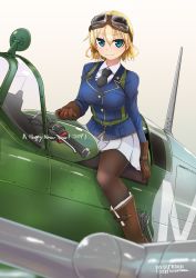 Rule 34 | 1girl, aircraft, airplane, belt, blonde hair, blue eyes, boots, breasts, brown footwear, cockpit, gloves, goggles, happy new year, highres, knee boots, necktie, new year, original, pantyhose, parachute, pleated skirt, rivets, shirt, simple background, sitting, skirt, smile, solo, tokihama jirou, uniform, white background, world war ii