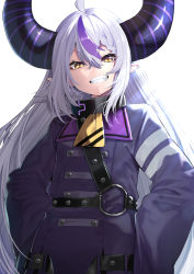 Rule 34 | 1girl, absurdres, ahoge, ascot, belt, braid, buttons, coat, collar, double-breasted, fang, grey hair, grin, highres, hololive, horns, la+ darknesss, long hair, long sleeves, looking at viewer, metal collar, mikan (chipstar182), o-ring, pointy ears, purple coat, simple background, sleeves past fingers, sleeves past wrists, slit pupils, smile, solo, very long hair, virtual youtuber, white background, yellow ascot, yellow eyes
