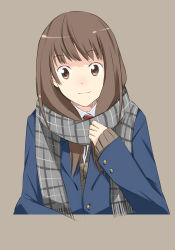 Rule 34 | 1girl, bad id, bad pixiv id, blazer, brown eyes, brown hair, face, highres, jacket, mousou (mousou temporary), necktie, original, plaid, plaid scarf, scarf, simple background, smile, solo