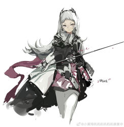 Rule 34 | 1girl, arknights, artist name, closed mouth, cropped legs, earrings, facial mark, forehead, highres, holding, holding sword, holding weapon, irene (arknights), jewelry, long hair, long sleeves, looking at viewer, miniskirt, pantyhose, puffy long sleeves, puffy sleeves, purple skirt, rapier, shinnasuka025, silver hair, simple background, skirt, solo, sword, v-shaped eyebrows, weapon, weibo watermark, white background, white pantyhose