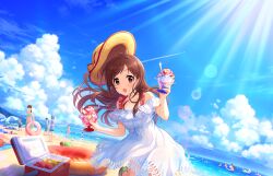 Rule 34 | 6+boys, 6+girls, apple, apple slice, beach, breasts, brown eyes, brown hair, cloud, cloudy sky, collarbone, cooler, day, dress, floating hair, food, foot out of frame, fruit, game cg, hat, holding, idolmaster, idolmaster cinderella girls, idolmaster cinderella girls starlight stage, innertube, lace, lace-trimmed dress, lace trim, lens flare, looking at viewer, medium breasts, multiple boys, multiple girls, official art, open mouth, outdoors, parted bangs, sandals, shadow, shaved ice, sidelocks, sky, solo focus, standing, standing on one leg, straw hat, sweatdrop, swim ring, tsujino akari, white dress