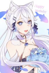 Rule 34 | 1girl, :d, animal ear fluff, animal ears, banana (gk2dc), bare shoulders, blue eyes, breasts, cake, cat ears, cleavage, commentary request, criss-cross halter, food, hair ornament, hairclip, halterneck, highres, holding, holding food, honkai (series), honkai impact 3rd, kemonomimi mode, kiana kaslana, long hair, looking at viewer, medium breasts, open mouth, smile, solo, upper body, very long hair, white hair