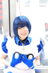 Rule 34 | 1girl, apron, asian, blue eyes, blue gloves, blue hair, collar, color contacts, cosplay, cross, cuffs, eyepatch, gloves, handcuffs, highres, ikkitousen, indoors, looking at viewer, maid, maid apron, namada, photo (medium), puffy short sleeves, puffy sleeves, ryomou shimei, ryomou shimei (cosplay), short sleeves, solo