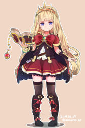 Rule 34 | 10s, 1girl, black thighhighs, blonde hair, blunt bangs, book, boots, brown theme, cagliostro (granblue fantasy), cape, crown, dated, full body, granblue fantasy, gymno, looking at viewer, purple eyes, ribbon, skirt, smile, solo, standing, thighhighs, twitter username