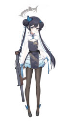 Rule 34 | 1girl, absurdres, adapted costume, black footwear, black hair, black pantyhose, blue archive, blush, breasts, butterfly hair ornament, closed mouth, ddungddang, double bun, dragon print, full body, grey eyes, gun, hair bun, hair ornament, halo, highres, holding, holding gun, holding weapon, kisaki (blue archive), long hair, long sleeves, pantyhose, shoes, side slit, simple background, small breasts, solo, twintails, weapon, white background