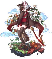 Rule 34 | 1girl, animal ears, black hair, black thighhighs, blush, borrowed character, collarbone, eyepatch, flower, fox mask, full body, head tilt, highres, holding, holding sword, holding weapon, japanese clothes, katana, kazana (sakuto), kimono, kimono skirt, looking at viewer, mask, mask on head, original, plant, red eyes, sandals, short hair, sleeves past wrists, solo, sword, thighhighs, weapon, white background