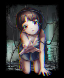 Rule 34 | 1girl, asymmetrical hair, barefoot, brown eyes, brown hair, cable, chromatic aberration, commentary request, computer, crt, dress, hair ornament, hairclip, iwakura lain, looking at viewer, noruka-soruka, serial experiments lain, short hair, solo, strap slip