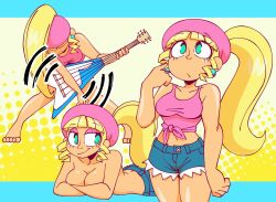 Rule 34 | 1girl, artist request, ass, beret, blonde hair, breasts, butt crack, covering breasts, covering privates, crossed arms, curvy, denim, denim shorts, dixie kong, donkey kong (series), feet, green eyes, guitar, hat, highres, humanization, instrument, large breasts, legs, long hair, looking at viewer, looking up, lying, midriff, multiple views, navel, nintendo, on stomach, ponytail, seductive smile, shirt, shorts, sleeveless, smile, solo, teasing, the pose, thighs, tied shirt, topless