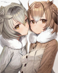 Rule 34 | 2girls, absurdres, blush, breasts, brown eyes, brown hair, brown jacket, buttons, closed mouth, dated, eurasian eagle owl (kemono friends), freng, fur collar, gradient hair, grey jacket, head wings, highres, huge filesize, jacket, kemono friends, looking at viewer, multicolored hair, multiple girls, northern white-faced owl (kemono friends), short hair, signature, silver hair, simple background, small breasts, upper body, white background, wings, yellow eyes
