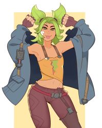 Rule 34 | 1girl, bandaid, bandaid on cheek, bandaid on face, blue jacket, brown pants, camisole, commentary, contrapposto, fingerless gloves, flat chest, gloves, green eyes, green hair, highres, jacket, league of legends, navel, orange camisole, pants, solo, splashbrush, tongue, tongue out, two side up, zeri (league of legends)