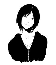 Rule 34 | 1girl, absurdres, black hair, collarbone, eyelashes, facing viewer, greyscale, head tilt, highres, hood, hoodie, lips, looking at viewer, monochrome, nose, original, poaro, short hair, simple background, solo, upper body, white background, zipper