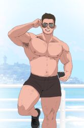 Rule 34 | arm hair, arm up, armpit hair, bara, black footwear, black shorts, blue eyes, brown hair, cellphone, collarbone, facial hair, goatee, goatee stubble, holding, holding phone, large pectorals, looking at viewer, male focus, muscular, muscular male, navel hair, nipples, open mouth, original, pectorals, phone, railing, shoes, shorts, smartphone, smile, sneakers, stubble, sugata ushiro, sunglasses, thick eyebrows, topless male, veins, veiny arms