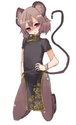Rule 34 | 1girl, alternate costume, animal ears, black pantyhose, blush, china dress, chinese clothes, dress, grey hair, jewelry, looking at viewer, mouse ears, mouse tail, nazrin, pantyhose, pendant, red eyes, short hair, simple background, solo, tail, touhou, white background, yunuki uta
