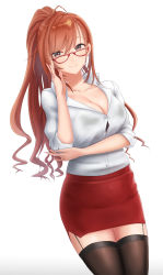 Rule 34 | 1girl, arisugawa natsuha, arm under breasts, black bra, black thighhighs, bra, breasts, button gap, cleavage, closed mouth, collared shirt, commentary request, dress shirt, garter straps, glasses, hair between eyes, high ponytail, highres, idolmaster, idolmaster shiny colors, large breasts, long hair, looking at viewer, miniskirt, ponytail, red-framed eyewear, red skirt, shirt, shogun (a96040021), skirt, sleeves rolled up, smile, thighhighs, underwear, white shirt