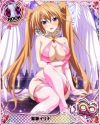 Rule 34 | 1girl, ahoge, angel, angel wings, bare shoulders, blush, breast hold, breasts, card (medium), character name, chess piece, cleavage, female focus, high school dxd, large breasts, long hair, looking at viewer, official art, open mouth, orange hair, pink thighhighs, purple eyes, rook (chess), shidou irina, smile, solo, thighhighs, trading card, twintails, very long hair, white wings, wings