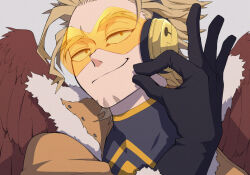 Rule 34 | 1boy, akiyama (noconoco), black gloves, blonde hair, boku no hero academia, closed mouth, commentary request, facial hair, feathered wings, fur-trimmed jacket, fur-trimmed sleeves, fur trim, gloves, goatee, goggles, grey background, hand up, hawks (boku no hero academia), headphones, jacket, long sleeves, looking at viewer, male focus, open clothes, open jacket, parted bangs, red wings, short hair, simple background, smile, smirk, solo, tinted eyewear, upper body, wings, yellow-tinted eyewear, yellow jacket