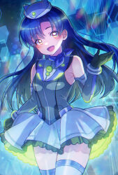 Rule 34 | 1girl, 81 (mellowry), bare shoulders, birthday, blue hair, elbow gloves, gloves, highres, idolmaster, kisaragi chihaya, long hair, looking at viewer, open mouth, solo, yellow eyes